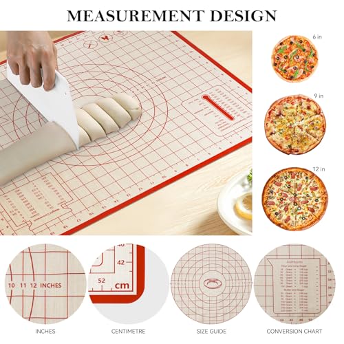 Silicone Baking Mat,28in×20in & 16in×12in Pastry Mat,Measuring Non-slip Dough mat Mats for Baking,Kneading Dough,Table Mats Red(2Pack)