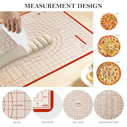 Silicone Baking Mat,28in×20in & 16in×12in Pastry Mat,Measuring Non-slip Dough mat Mats for Baking,Kneading Dough,Table Mats Red(2Pack)