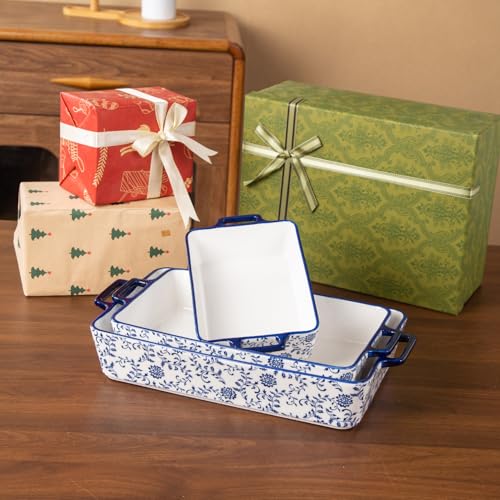 Cerkik Ceramic Bakeware Set - Casserole Dish Baking Dishes for Oven - Rectangular Lasagna Pans with Handles for Kitchen Cooking - Microwave & Dishwasher Safe - Set of 3 (15.1''/13.6''/9.9'') - Blue