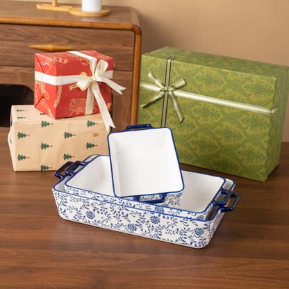 Cerkik Ceramic Bakeware Set - Casserole Dish Baking Dishes for Oven - Rectangular Lasagna Pans with Handles for Kitchen Cooking - Microwave & Dishwasher Safe - Set of 3 (15.1''/13.6''/9.9'') - Blue