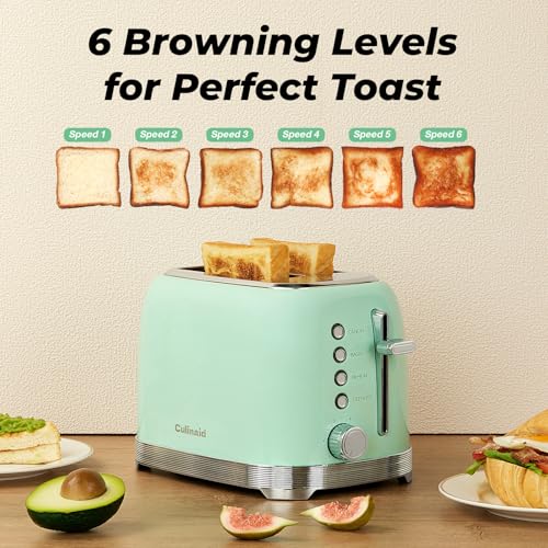 Culinaid Toaster 2 Slice Retro Stainless Steel with 1.5” Extra Wide Slots Bagel, Defrost, Reheat, Cancel Functions, 6 Bread Shade Settings, Removable Crumb Tray, Aqua Green