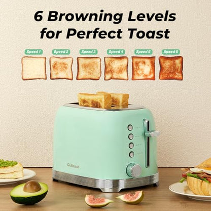 Culinaid Toaster 2 Slice Retro Stainless Steel with 1.5” Extra Wide Slots Bagel, Defrost, Reheat, Cancel Functions, 6 Bread Shade Settings, Removable Crumb Tray, Aqua Green