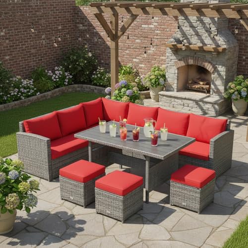 Tangkula 7 Pieces Patio Furniture Set, Outdoor Sectional Rattan Sofa Set with Cushions, All Weather Wicker Conversation Couch Set w/Dining Table & Ottomans for Backyard Garden Poolside