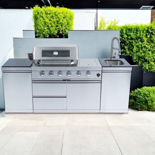 4 Burner Outdoor Kitchen Island with Grill and Side Burner, 85000 BTU Deluxe Stainless Steel Modular Outdoor Kitchen, Gas Propane BBQ Island with Rotisserie, Sink & Storage Cabinets, 85"W, Silver
