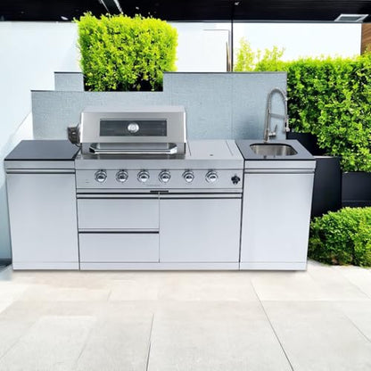 4 Burner Outdoor Kitchen Island with Grill and Side Burner, 85000 BTU Deluxe Stainless Steel Modular Outdoor Kitchen, Gas Propane BBQ Island with Rotisserie, Sink & Storage Cabinets, 85"W, Silver