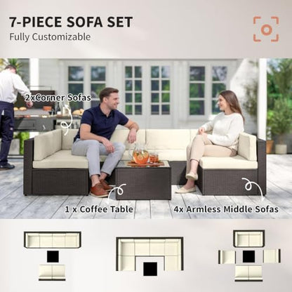 Outsunny 7 Piece Patio Furniture Set Wicker Outdoor Sectional Cream White
