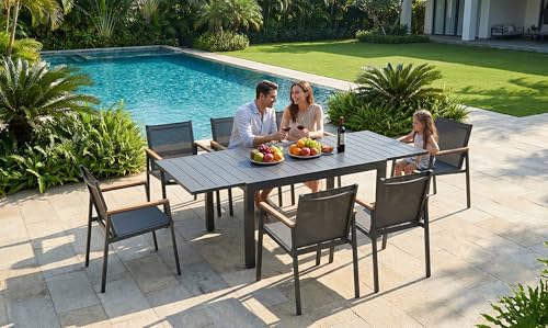 Oasbira Outdoor Aluminum Patio Dining Table Set for 8 Person, Expandable Outdoor Table and 8 Chairs with Textilene Fabric & HDPS Armrest, All-Weather Patio Furniture Set for Yard, Deck, Gray
