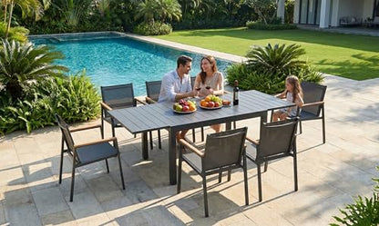 Oasbira Outdoor Aluminum Patio Dining Table Set for 8 Person, Expandable Outdoor Table and 8 Chairs with Textilene Fabric & HDPS Armrest, All-Weather Patio Furniture Set for Yard, Deck, Gray