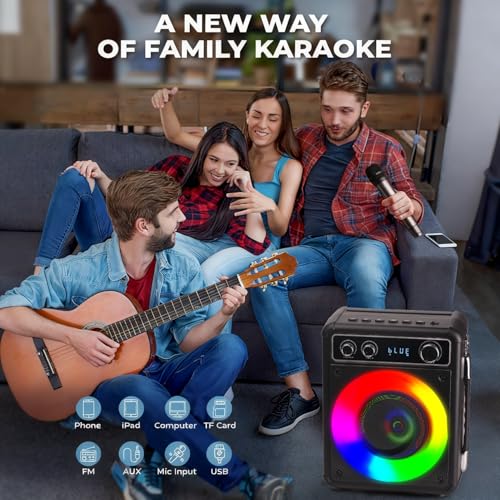 VOSOCO Karaoke Machine with 2 Wireless Microphones, Portable Bluetooth Speaker for Adults Kids, PA Systems Support TWS Echo Adjust TF USB AUX for Home Party Outdoor Travel