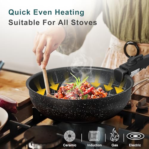 NEWBULIG 12-Piece Pots and Pans Set, Nonstick Cookware Set with Detachable Handle, Non toxic Induction Kitchen Cooking Set with Frying Pans Set, Dishwasher ＆ Oven Safe, RV Friendly, Black