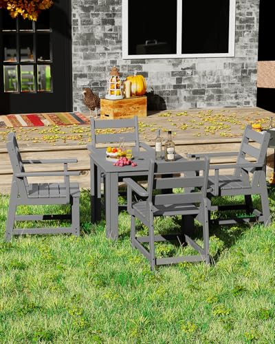 GREENVINES 5-Piece-Outdoor-Dining-Set | HDPE | Square | Patio Furniture | Table and Chairs Sets for 4 | All Weather | Removable Armrests | Umbrella Hole | for Backyard Poolside Garden | Grey