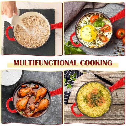 E-far Enameled Cast Iron Sauce Pan, 2 Quart Dutch Oven Saucepan with Lid, Small Sauce Pot for Cooking, Boiling, Healthy & Non Toxic, Induction & Oven Safe, Red