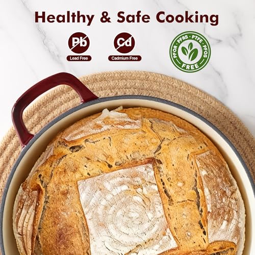SENSARTE Enameled Cast Iron Dutch Oven Pot with Lid 3.5/5.5/6.5 Quart Heavy-Duty Round Dual Handles Kitchen Pot with Cotton Potholders & Silicone Trivet, Pot for Bread Baking, Stews, Braising, Roasting, Oven Safe, 6.5 Quart, Red