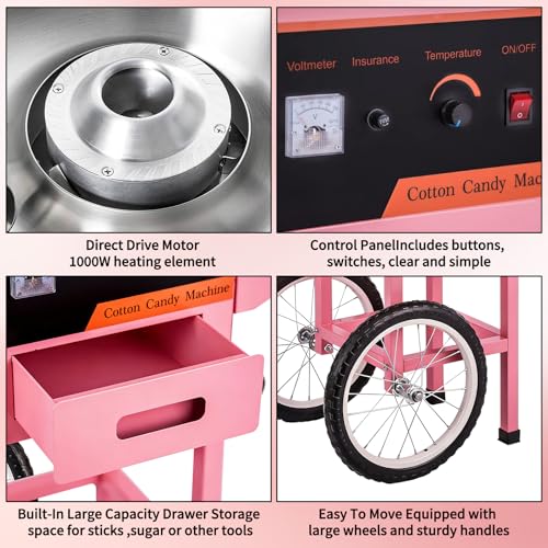 Commercial Cotton Candy Machine, 1000W Electric Floss Maker, Cotton Candy Machine With Stainless Steel Sugar Scoop And Drawer, For Carnival, Kids Birthday, Family Party,Pink W/Cart
