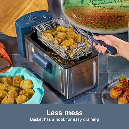 Hamilton Beach Family Style Electric Deep Fryer, Includes Frying Basket with Hooks, 1500 Watts, Easy Detach Magnetic Cord, 2 Liter / 8 Cup Oil Capacity, Kitchen Makeover Blue (35031)