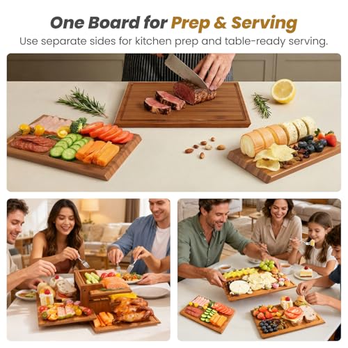 Bamboo Cutting Board Set with Stand, 3PCS Double-Sided Chopping Boards for Kitchen Meal Prep & Serving, Charcuterie, Juice Grooves & Side Handle, Ideal for Meat, Vegetables, Kitchen Essentials, Brown