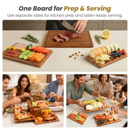Bamboo Cutting Board Set with Stand, 3PCS Double-Sided Chopping Boards for Kitchen Meal Prep & Serving, Charcuterie, Juice Grooves & Side Handle, Ideal for Meat, Vegetables, Kitchen Essentials, Brown