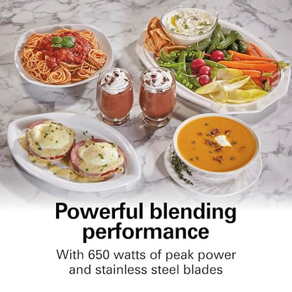 Hamilton Beach MultiBlend Smoothie Blender with 4 Shatterproof BPA Free Jars and Lids; Large 32oz Jar, 8oz Grinder for Nuts & Spices, and 2 Portable Travel Cups, 650 Watts, Black and Stainless (52400)