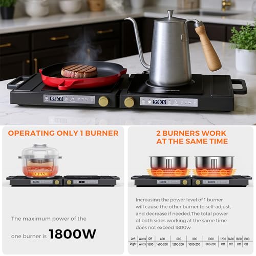 MOMOKOVA Double Induction Cooktop, 1800W Portable Dual Burner with 8 Power Levels, Sensor Touch Control & 99-Min Timer, Fold-n-Store Design for RV, Small Kitchen & Outdoor Cooking (black)