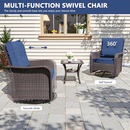 RTDTD 11 Pieces Outdoor Patio Furniture Set,Outdoor Sectional Furniture with 45" 55000 BTU Gas Propane Fire Pit Table,PE Rattan Wicker Patio Conversation Set,Swivel Rocking Chairs Set,Navy Blue