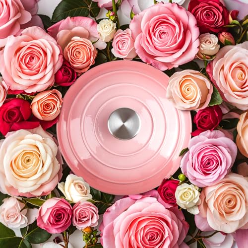 6 Quart Dutch Oven Enameled Cast Iron with Lid - Big Dual Handles - Oven Safe up to 500°F - Classic Round Pot for Versatile Cooking Pink