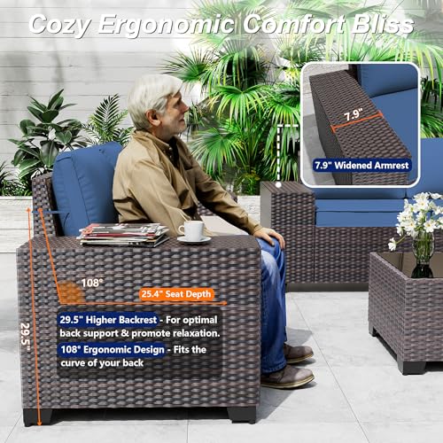 ASJMR Outdoor Patio Furniture Set, 6 Pieces Outdoor Sectional Furniture High Backrest Patio Sofa, All-Weather PE Rattan Patio Conversation Set with Coffee Table & Cushions(Dark Blue).