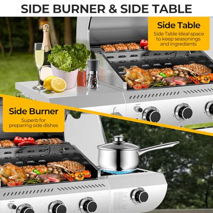 34,000 BTU 3-Burner Propane Gas Grill with Side Burner, All Stainless Steel BBQ Grill, Cast Iron Grates & Portable Cart with Wheels，Outdoor Barbecue Grill for Backyard, Patio, Camping (G31 PRO)