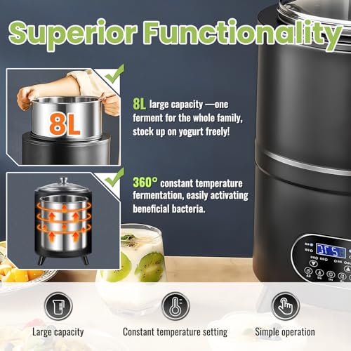 8L/8qt Yogurt Maker Machine, Yogurt Maker with Time and Temperature Control, Commercial Yogurt Maker, Black garlic fermentation machine, Sweet Rice Wine Maker for Home (black, 8L)