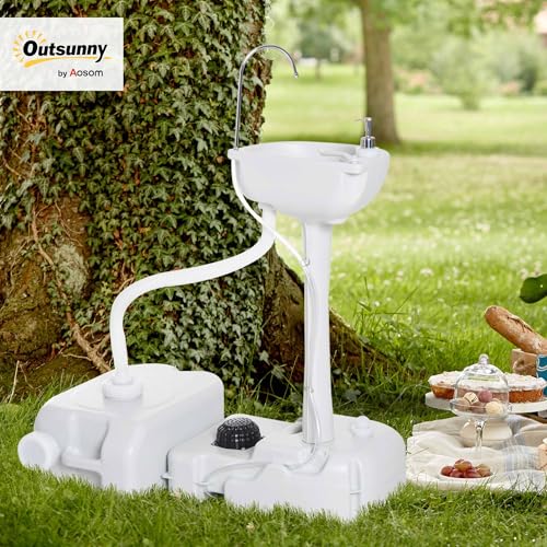 kleankin Portable Camping Sink, Handwashing Station Basin with 4.5 Gal (17 L) Tank, 6.3 Gal (24 L) Recovery Tank, Rolling Wheels & Soap Dispenser for RV, Outdoor Events, Gatherings, HDPE, White