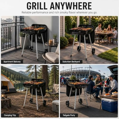 17.5 Inch Square Charcoal Grill with Wheels, Portable Outdoor BBQ Kettle