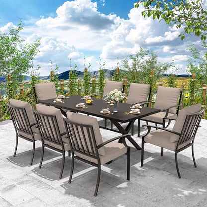 Trumbeak 9-Piece Patio Dining Set Outdoor Conversation Set,Metal Outdoor Furniture Set with Umbrella Hole Cut-Out 78.7" x 35.4" Table and 8 Metal Backrest Chairs for Backyard,Garden,Sand