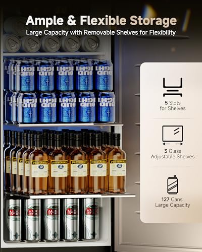 15 Inch Under Counter Beverage Refrigerator, Outdoor Fridge with 127 Cans Large Capacity & Glass Shelves, Built-in or Freestanding, Small Beverage Refrigerator for Patio & Outdoor Kitchen (Black)