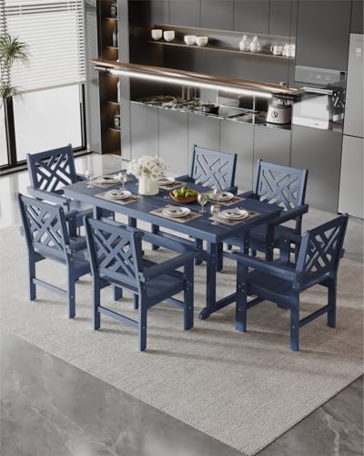 BIVODA 7-Piece Outdoor Dining Set, HDPE All-Weather Patio Table and Chairs Set for 6, Outdoor Patio Furniture Sets with Umbrella Hole for Outside, Deck, Backyard, Garden (Navy Blue)