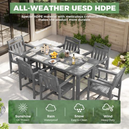 SUUNYN HDPE Outdoor Dining Set, Patio Table and Chairs Set, All-Weather 7-Piece Outside Table and 6 Chairs, 2" Umbrella Hole, Outdoor Furniture for Garden, Poolside, Backyard, Deck | Grey