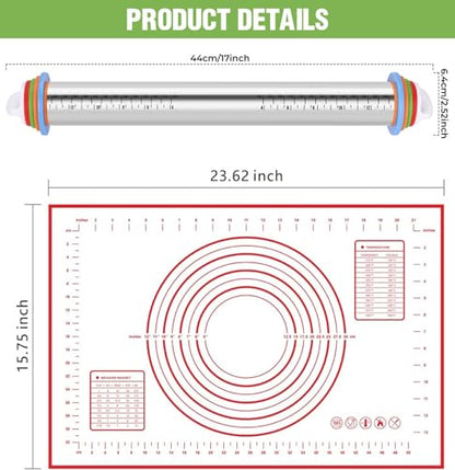 Rolling Pin with Adjustable Thickness Rings and Silicone Baking Pastry Mat Set for Baking,Stainless Steel Dough Roller,Baking Supplies for Cookie Fondant Pizza Cake Pasta(Red)