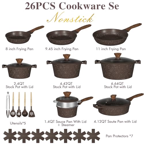 Umite Chef 26PCS Pots and Pans Set Non Stick, Nonstick Cookware Sets, Induction Cook Ware, Includes Steamer & Silicone Utensils, Housewarming Gift, Kitchen Cooking Sets w/Frying pan (PFOS, PFOA Free)