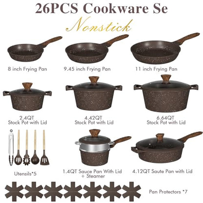 Umite Chef 26PCS Pots and Pans Set Non Stick, Nonstick Cookware Sets, Induction Cook Ware, Includes Steamer & Silicone Utensils, Housewarming Gift, Kitchen Cooking Sets w/Frying pan (PFOS, PFOA Free)