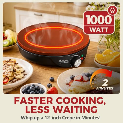 AshGlen 12" Electric Crepe Maker Machine, Ceramic Crepe Pan for Pancakes & Tortilla & Fried Eggs, Spatula & Crepe Spreader Tool Included, Graphite