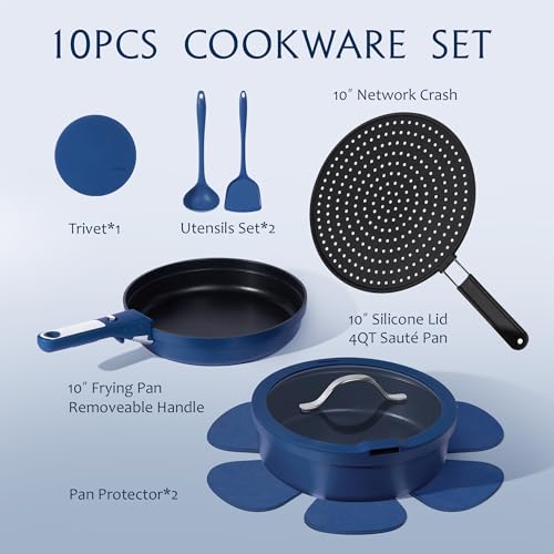 CAROTE 10-Piece Pots and Pans Set, Nonstick Cookware Set Detachable Handle, Frying Pan with Splatter Screen, Oven Safe, Induction Ready, Stackable, Blue
