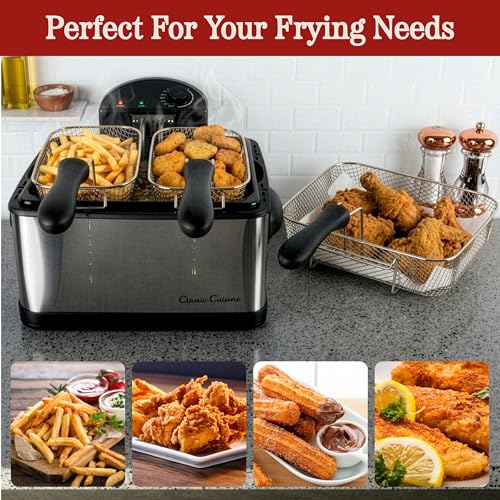 Deep Fryer - 4-Liter Electric Oil Fryer - 1 Large Basket and 2 Small for Dual Use - Stainless-Steel Cooker with Cool Touch Feature, See-Through Lid and Double Odor Filter Technology by Classic Cuisine