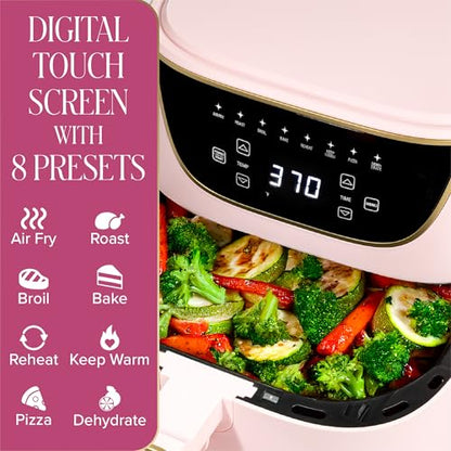 Paris Hilton 6-Quart Air Fryer, Nonstick Basket Made Without PFAS, Touchscreen, 8-in-1 (Fry, Roast, Broil, Bake, Reheat, Keep Warm, Pizza, Dehydrate), Dishwasher Safe Basket and Crisping Tray, Pink