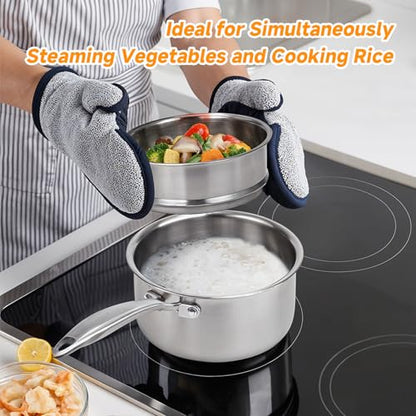 Ohtomber Stainless Steel Sauce Pan - Tri-Ply 1.5 Quarts Steamer for Cooking, Small Cooking Pot with Steamer Basket, Sauce Pan with Lid, Non Stick Saucepan, Induction Steam Pot for Vegetable, Oatmeal