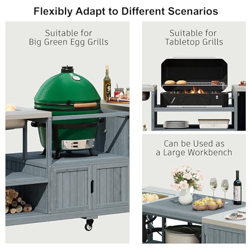 Oevsld 75.4" Outdoor Kitchen Island with Sink,Solid Wood Grill Cart for XL Big Green Egg,Rolling Outdoor Prep Station with Stainless Steel Top and Storage Cabinet. (Grey+Blue)