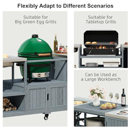 Oevsld 75.4" Outdoor Kitchen Island with Sink,Solid Wood Grill Cart for XL Big Green Egg,Rolling Outdoor Prep Station with Stainless Steel Top and Storage Cabinet. (Grey+Blue)
