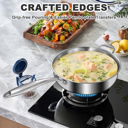 EWFEN 12 Inch Tri-Ply Stainless Steel Frying Pan, Compatible with All Cooktops Up to 600℉, Large Frying Pan with lids, Induction-Ready Skillet, Dishwasher and Oven Safe, Even Heat, 12" Pan+Handle+Lid
