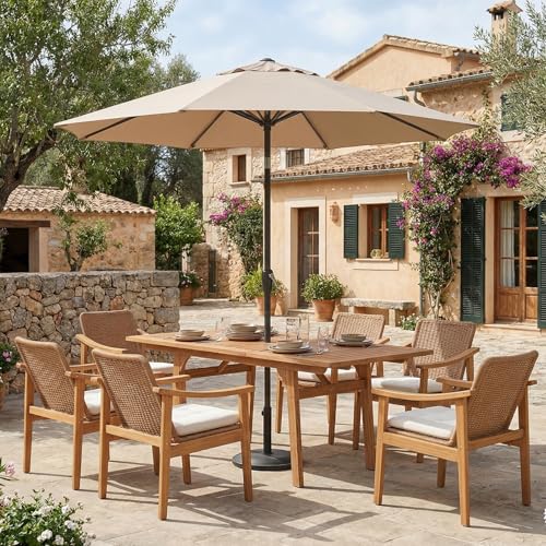 SUNSITT 7-Piece Outdoor Patio Dining Set, 55" - 71" Acacia Wood Expandable Outdoor Table Set with Umbrella Hole, 6 Woven Rattan Chairs w/Removable Cushions for Backyard, Porch, Deck