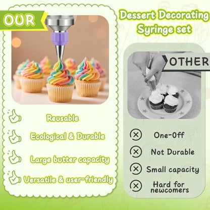 NOVANO Dessert Decorating Syringe Set, Frosting Piping Kit Stainless Steel Cake Decorating Kit with 54 Piping Tips & 9 Silicone Cupcakes, Cupcake Decorating Kit Piping Bags and Tips Set