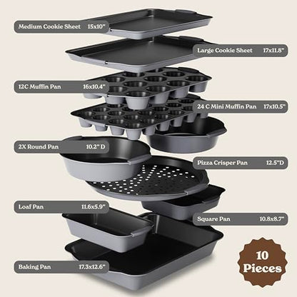 Country Kitchen Nonstick Stackable Bakeware Set - Heavy Duty, Durable, Easy Release Baking Set, Grey, 10 Pcs