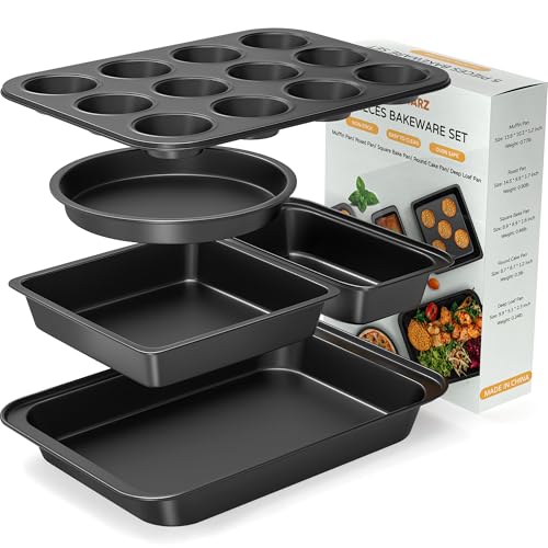 Zapstarz 5 Pieces Baking Pans Set, Nonstick Baking Sheet Tray Oven Pans Bakeware Set, Baking Supplies with Round/Square Cake Pan, Muffin Pan, Loaf Pan, Roast Pan, Stackable Baking Sets for Cooking