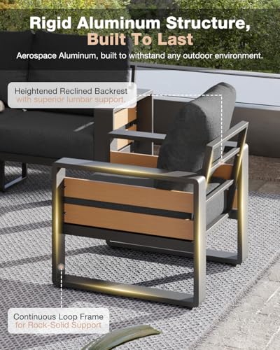 Aoxun Aluminum Patio Furniture Set with Fire Pit Table, 5 Piece Luxury Outdoor Sectional with 6" Olefin Fabric Cushions, Patio Conversation Sets with Waterproof Cover for Backyard, Porch Dark Grey